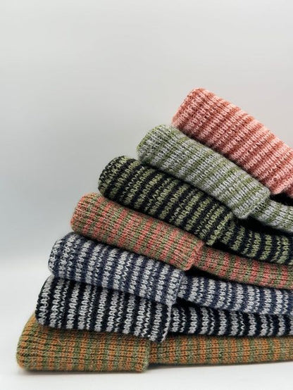 Modern Theta Stitch Contrast Cuffed Beanie (Patent Pending Design)-Green/Brown, Made in USA