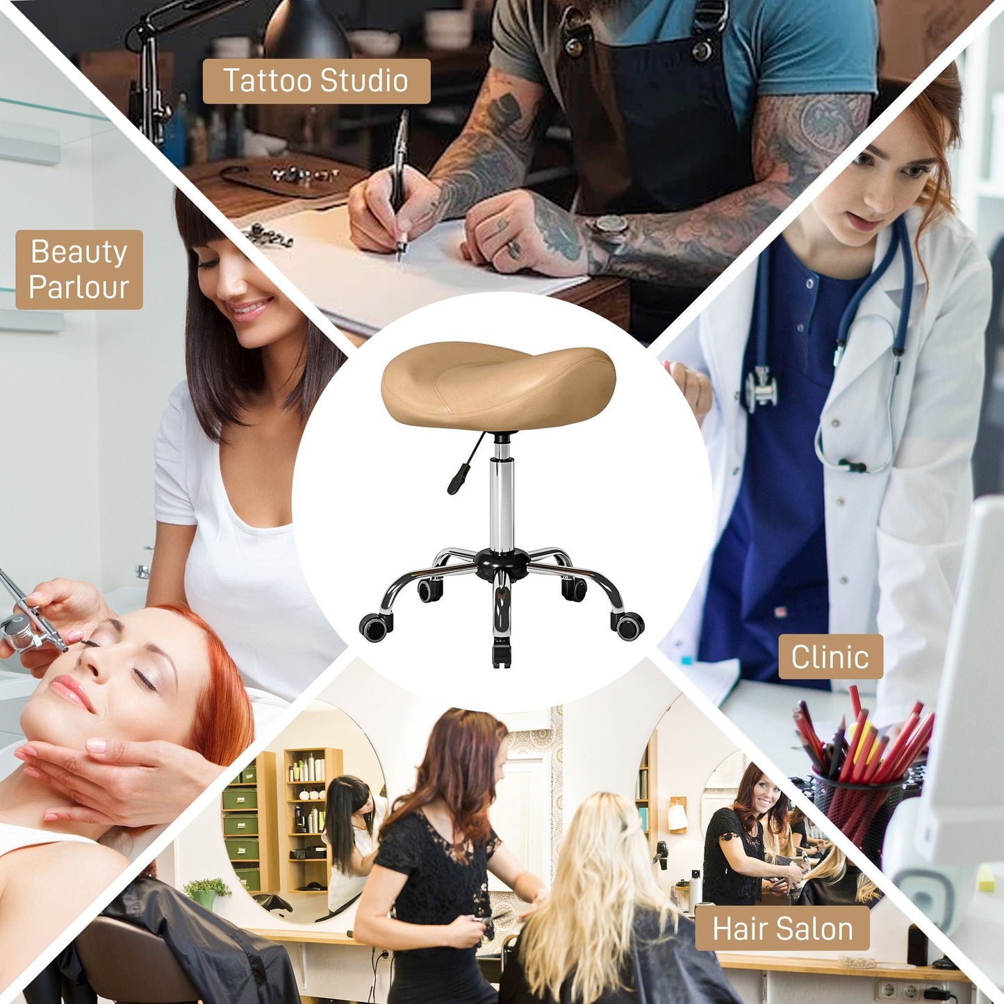 Saddle Stool, Height Adjustable Rolling Salon Chair with PU Leather for Massage, Spa, Clinic, Beauty and Tattoo, Brown