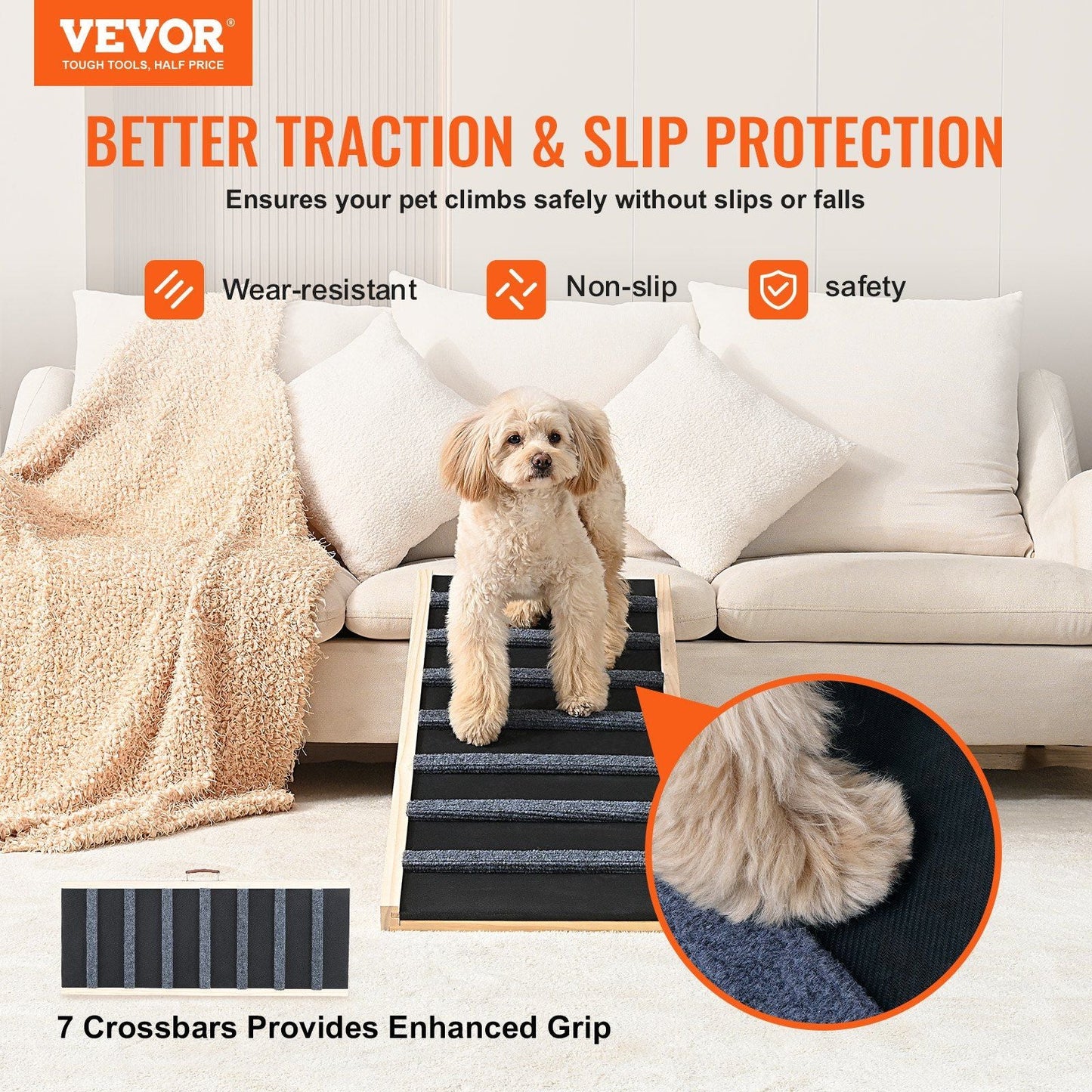 Dog Ramp, Folding Pet Ramp for Bed, Adjustable Dog Ramp for Small, Large, Old Dogs & Cats, Wooden Pet Ramp with 39.3" Long Ramp, Adjustable from 15" to 22", Suitable for Couch, Sofa, Car
