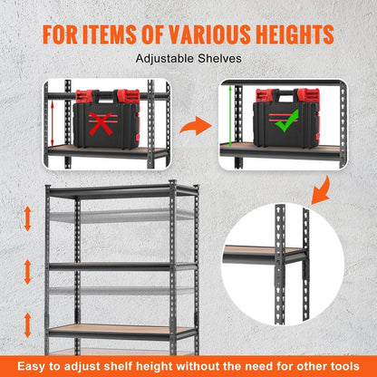 VEVOR Storage Shelving Unit, 5-Tier Adjustable, 2000 lbs Capacity, Heavy Duty Garage Shelves Metal Organizer Utility Rack, Black, 36" L x 18" W x 72" H for Kitchen Pantry Basement Bathroom Laundry