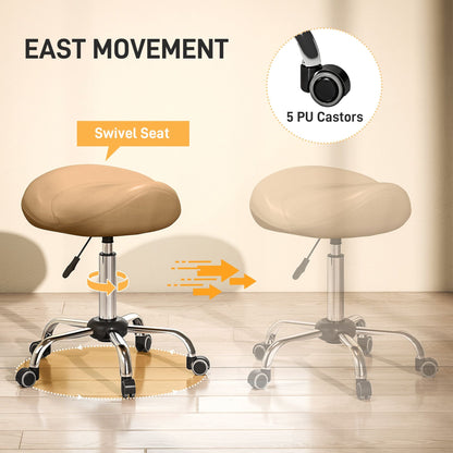 Saddle Stool, Height Adjustable Rolling Salon Chair with PU Leather for Massage, Spa, Clinic, Beauty and Tattoo, Brown