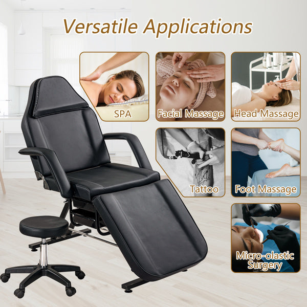 Massage Salon Tattoo Chair with Two Trays Esthetician Bed with Hydraulic Stool, Multi-Purpose 3-Section Facial Bed Table, Adjustable Beauty Barber Spa Beauty Equipment, Black