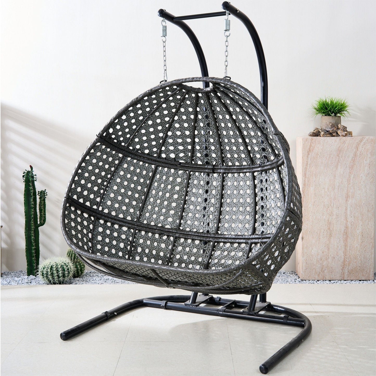 Double Wicker Swing Egg Chair,  All-Weather Rattan Hanging Hammock Chair for Home Bedroom Patio Balcony,Black&Grey