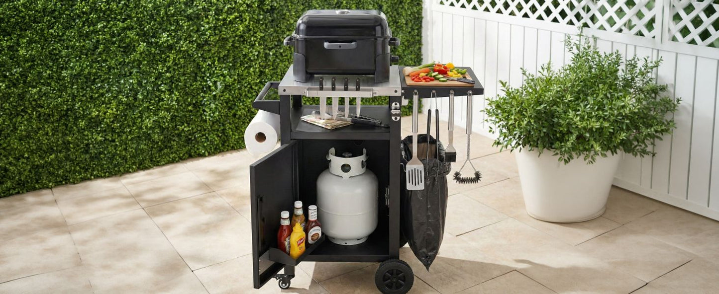 K&K 33.9" Outdoor Grill Cart with Drop Leaf, Outdoor Metal Bar Cart Pizza Oven Table with Wheels, Stainless Steel Top, Outdoor Kitchen Island with Storage Cabinet & Spice & Paper Rack for BBQ, Waterpr