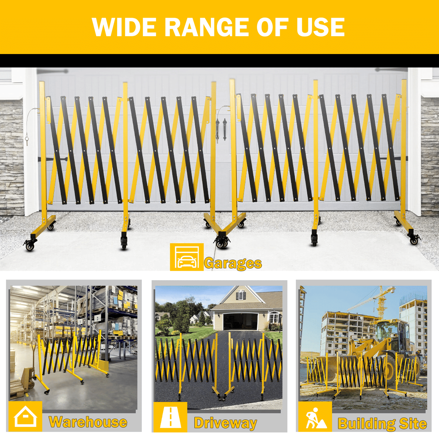 Metal Expandable Barricade,Folding Security Gate Safety Barrier with Casters,Mobile Barrier Gate, Adjustable Traffic Fence for Road Construction, Traffic Control,Cordon,Pool,Yellow Black