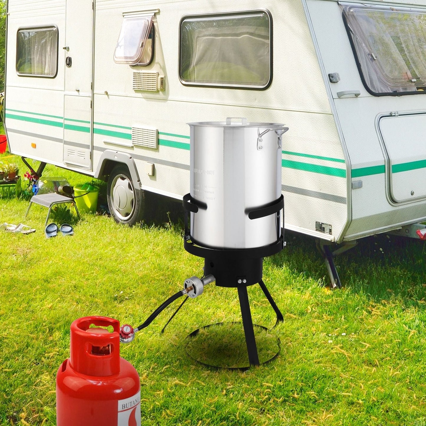 30QT Propane Turkey Fryer Set Silver Aluminum Pot with Black Round Iron Stand Outdoor Gas Deep Fryer Kit for Frying Turkey Seafood and Boiling Crawfish Backyard Cooking Equipment