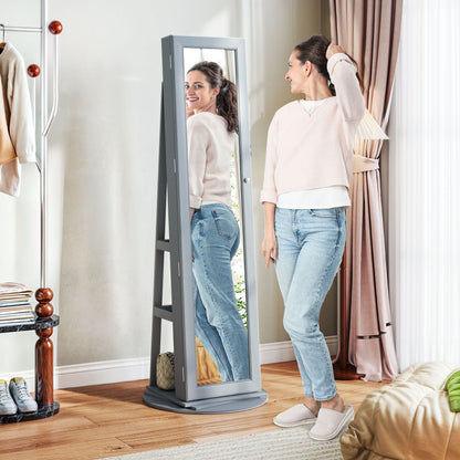 HOMCOM 360° Swivel Jewelry Armoire, Lockable Jewelry Cabinet with Full-Length Mirror, Storage Shelves, Gray