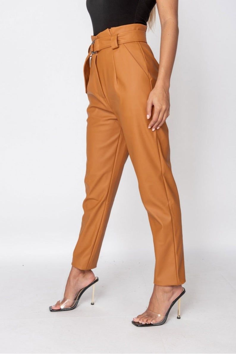 RUST FAUX LEATHER PAPERBAG WAIST TROUSERS