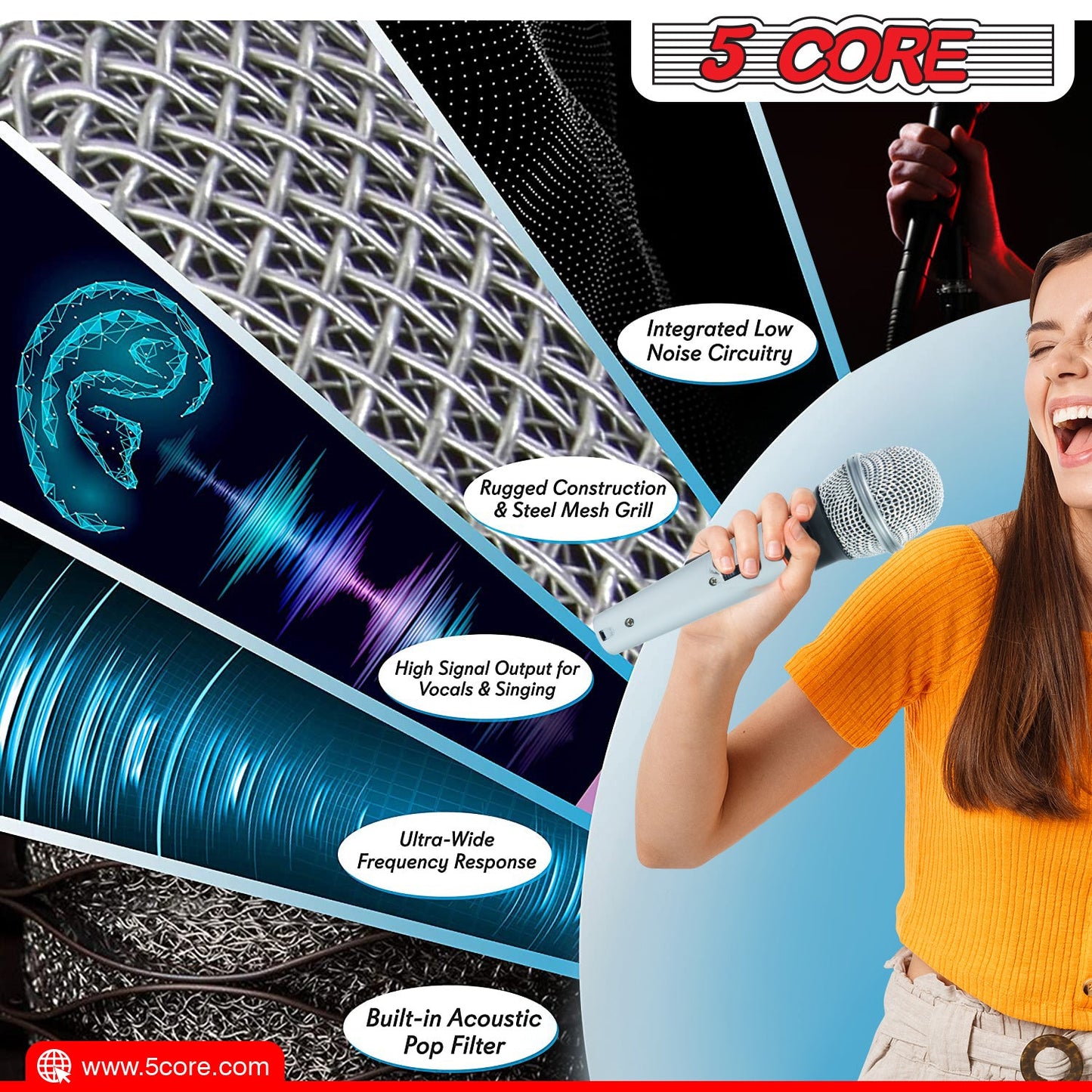 5 Core Microphone Wired Dynamic Vocal Handheld Mic Cardioid Karaoke Unidirectional Microfono w On and Off Switch Includes XLR Audio Cable for Singing, Public Speaking & Parties PM 305