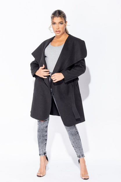 MID LENGTH OVERSIZED BELTED WATERFALL COAT