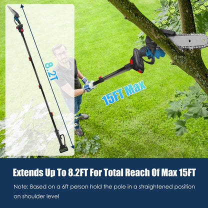 2-In-1 8' Cordless Electric Pole Saw and Mini Chainsaw with Extension Poles 2Pcs 21V 3.0Ah Batteries Adjustable Length Chain Saw With Auto Oiler Safety Switch For Wood Cutting