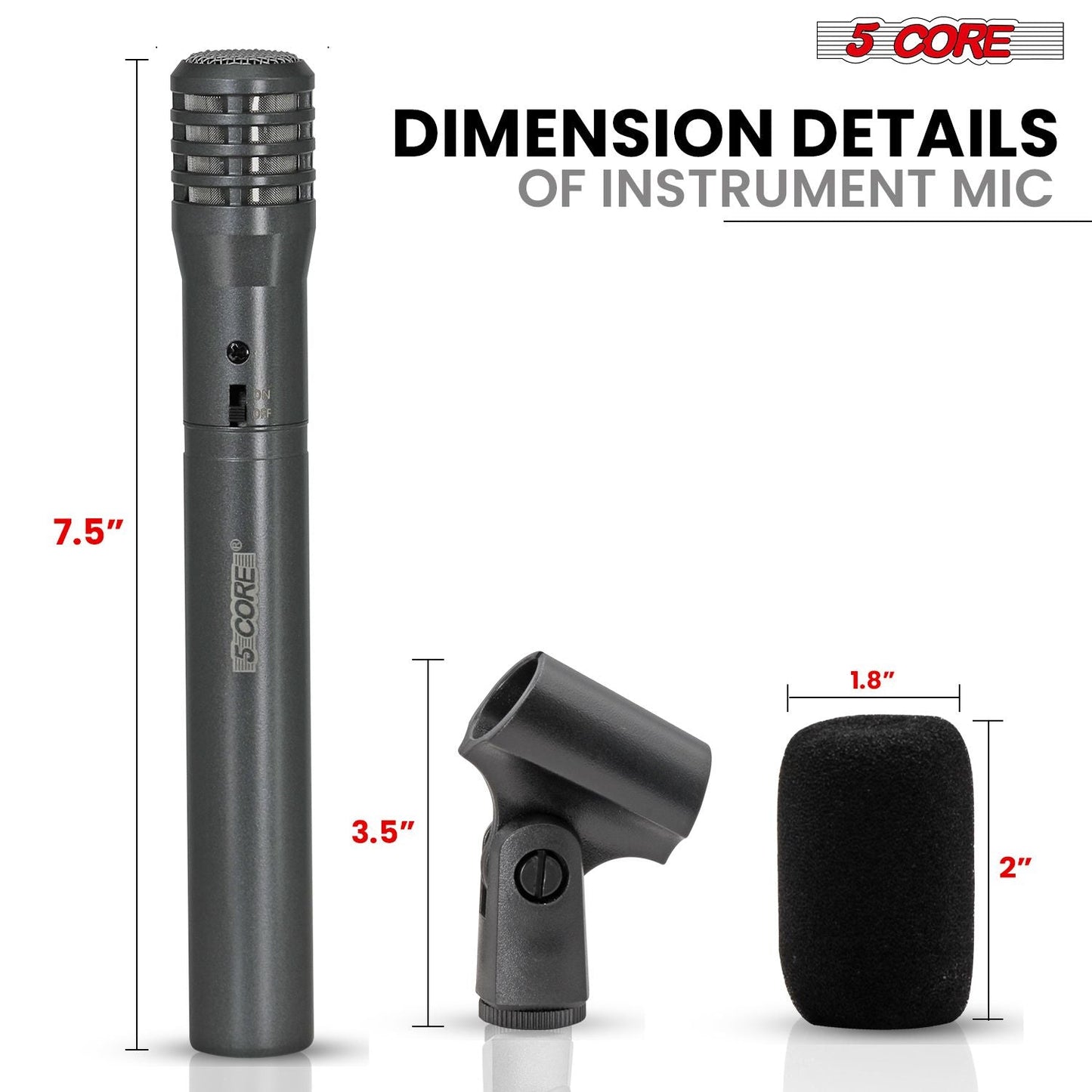5 CORE Professional Instrument Microphone Pencil Mic Condenser Cardioid Unidirectional Stick Microfono with Windscreen Mic Clip & Case - INSTRU MIC 100 GREY