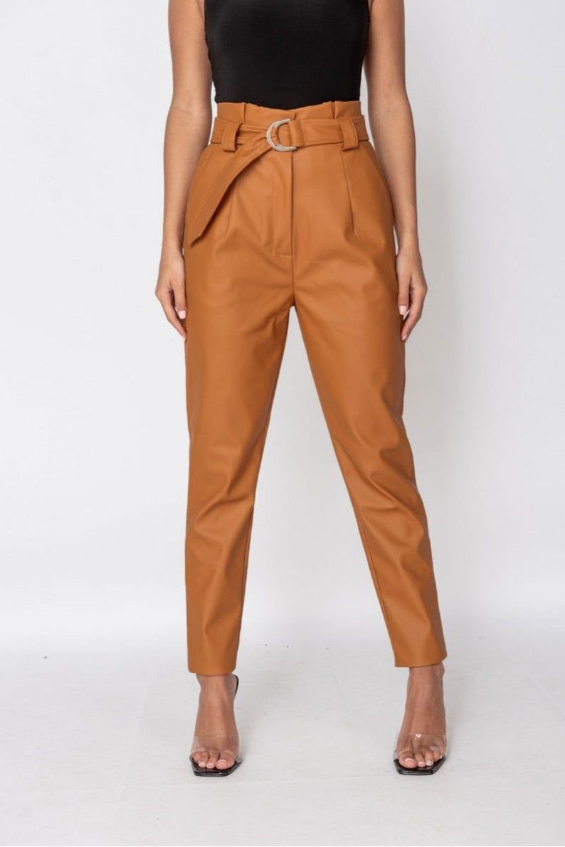 RUST FAUX LEATHER PAPERBAG WAIST TROUSERS