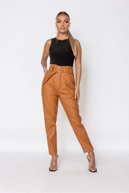 RUST FAUX LEATHER PAPERBAG WAIST TROUSERS