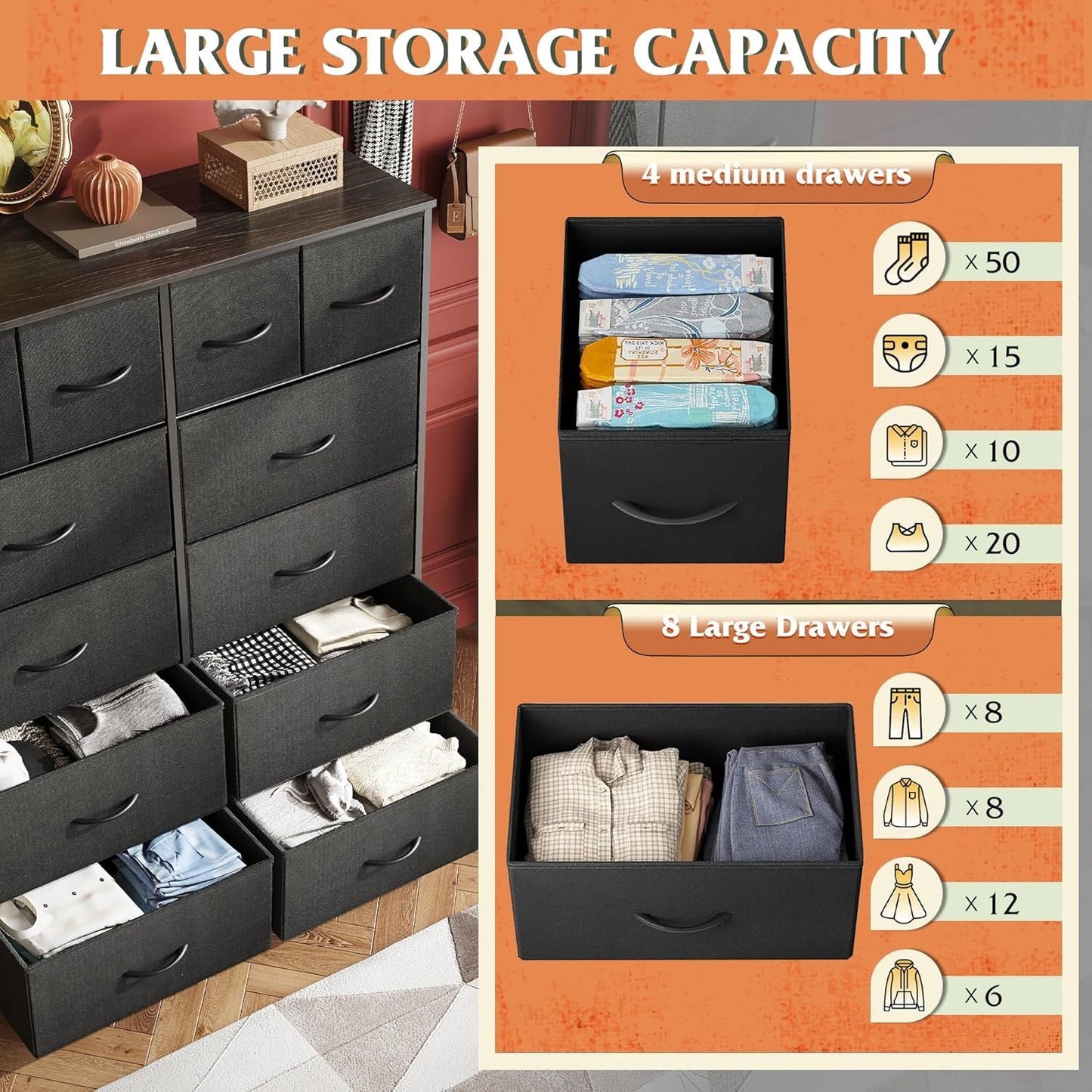 Tall Dresser for Bedroom with 12 Drawers, Dressers & Chests of Drawers, Fabric Dresser for Closet, Living Room, Storage Dressers with Storage Drawers, Steel Frame, Wood Top