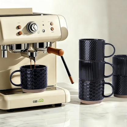 12OZ Stackable Coffee Mugs, Ceramic Coffee Mugs with Texture Patterns for Man,Woman,Dad,Mom, Modern Coffee Mugs Set of 4 for Latte/Cappuccino/Cocoa. Dishwasher&Microwave Safe, Black