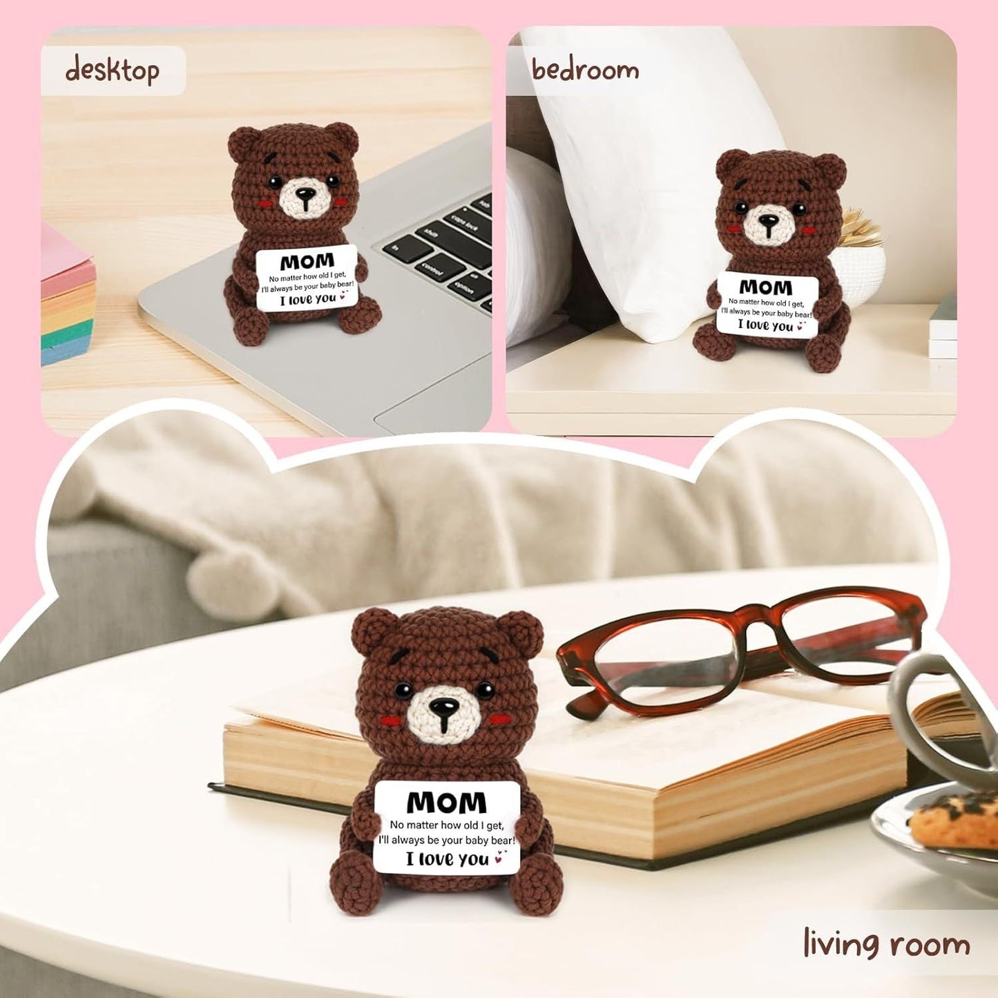 Birthday Gifts for Mom, Handmade Positive Crochet Bear Decor, Mom Gifts for Birthday Christmas Mothers Day, I Love You Present for Mum Mother in Law Bonus Step Mama Mommy