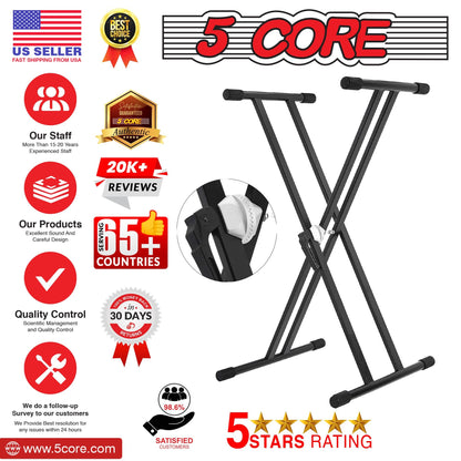 5 CORE Piano Keyboard Stand Double X Style Heavy Duty Adjustable Digital Electric Piano Riser Durable & Sturdy Music Synthesizer Holder Stands For Upto 88 Keys w Secure Locking Strap - KS 2X GEAR