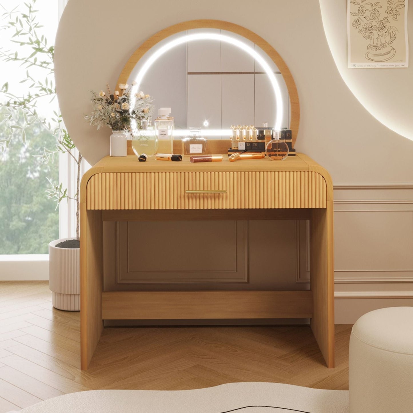 39" Makeup Vanity Table with Mirror Touch Screen Lighted Mirror, Dressing Table with Drawer for Bedroom, Natural