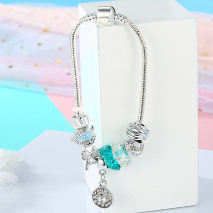 Silver Charm Bracelets Bangles Blue Crystal / Glass Beads Summer Style Women Bracelets