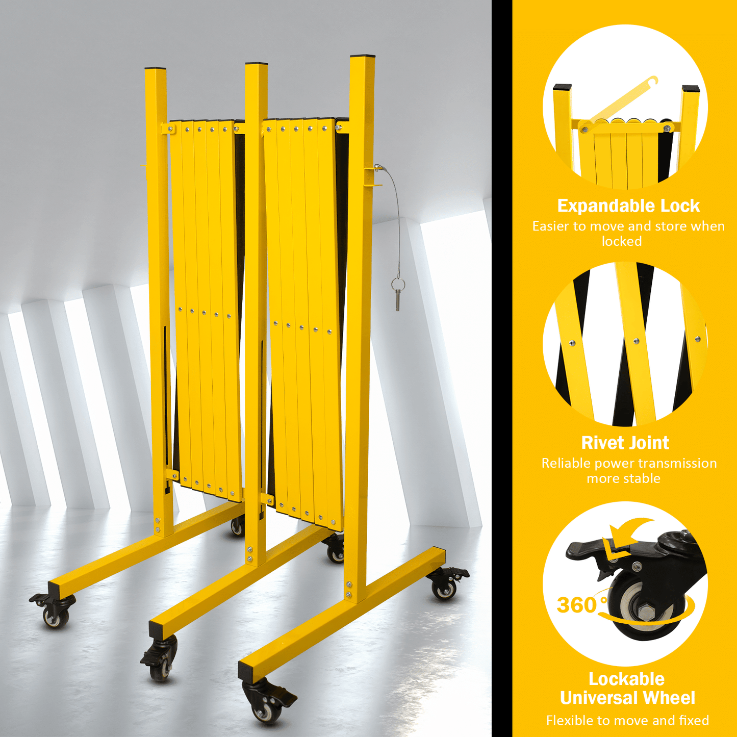 Metal Expandable Barricade,Folding Security Gate Safety Barrier with Casters,Mobile Barrier Gate, Adjustable Traffic Fence for Road Construction, Traffic Control,Cordon,Pool,Yellow Black