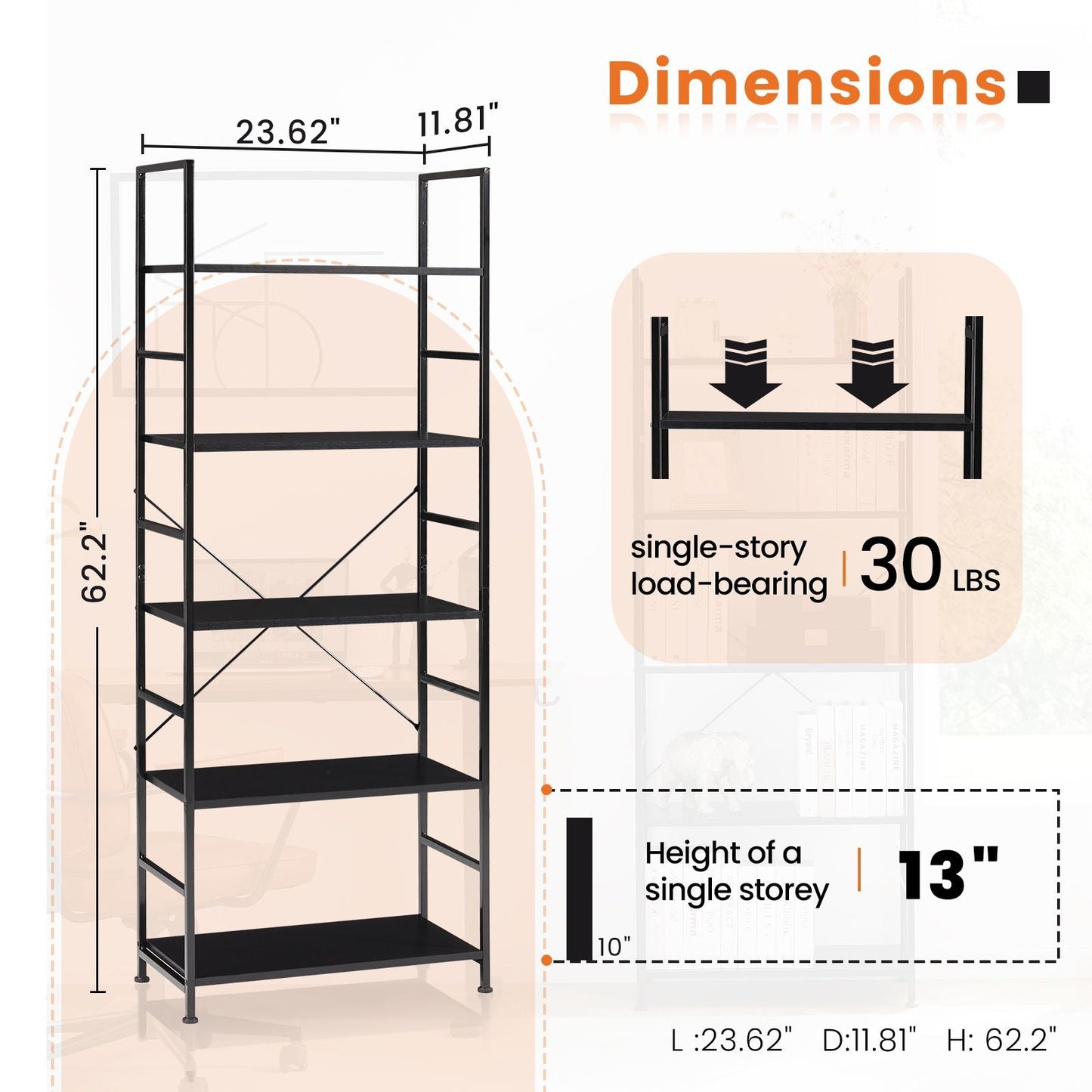 5 Tiers Bookshelf, Classically Modern Book Shelf, Book Rack, Storage Rack Shelves in Living Room/Home/Office