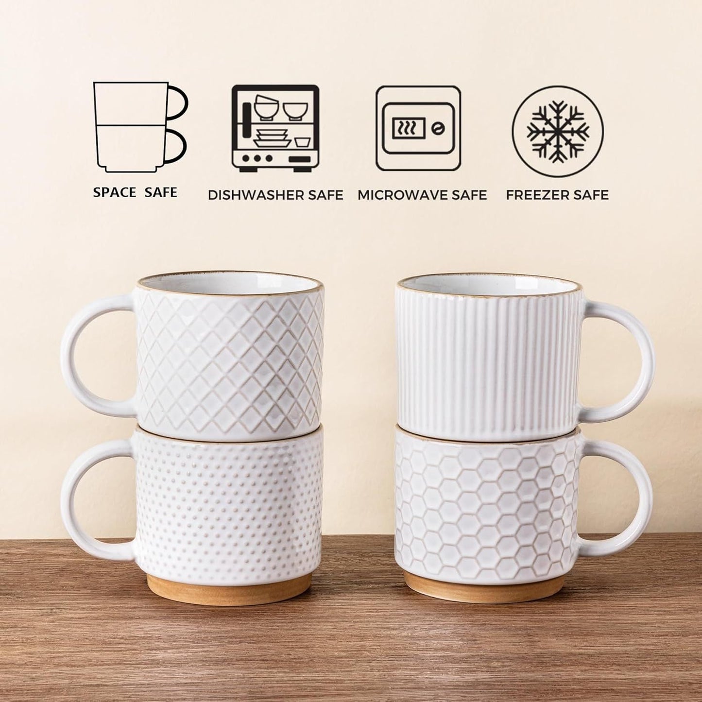 12OZ Stackable Coffee Mugs, Ceramic Coffee Mugs with Texture Patterns for Man,Woman,Dad,Mom, Modern Coffee Mugs Set of 4 for Latte/Cappuccino/Cocoa. Dishwasher&Microwave Safe, Off White