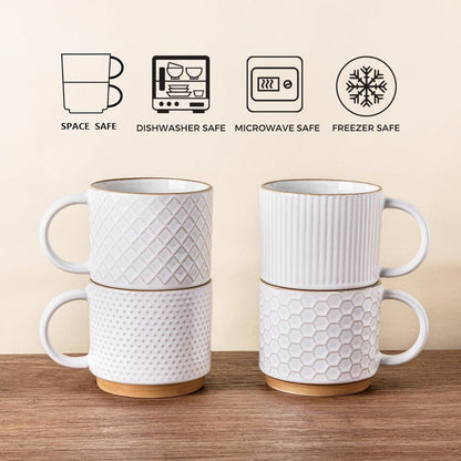 12OZ Stackable Coffee Mugs, Ceramic Coffee Mugs with Texture Patterns for Man,Woman,Dad,Mom, Modern Coffee Mugs Set of 4 for Latte/Cappuccino/Cocoa. Dishwasher&Microwave Safe, Off White
