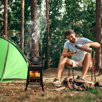 Portable Camping Stove with Detachable Iron Panels Black 27x27x34cm Lightweight Foldable Outdoor Wood Burning Fire Pit for Picnic BBQ Hiking Backpacking Compact Campfire Cooking Heater