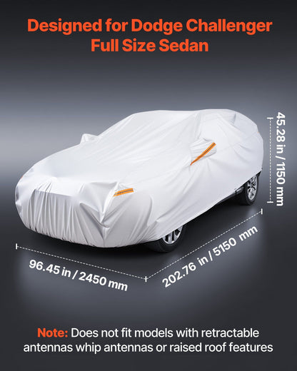 VEVOR Car Cover, Car Cover Waterproof for Dodge Challenger Full Size Sedan, Custom-fit All Weather Sun Rain Wind Dust Snow Protection Full Exterior Covers with Door Zipper and Cotton Lining, Silver