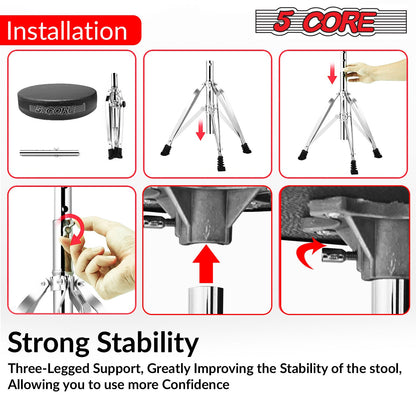 5 Core CHROME PRO Universal Drum Chair Round Padded Seat Throne Drum Stool Stand DS CH BLK