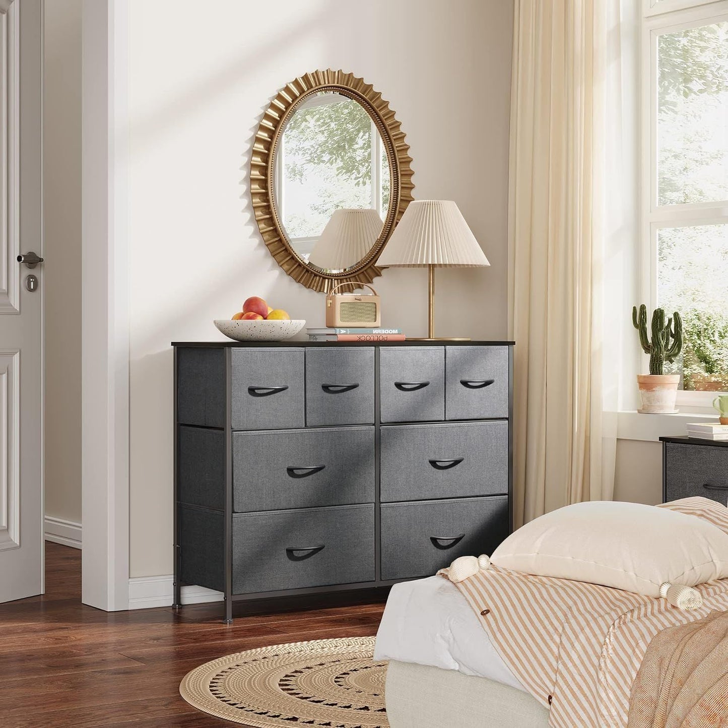 Dresser for Bedroom with 8 Drawers, Wide Fabric Dresser for Storage and Organization, Chest of Drawers, Dressers for Living Room, Closet, Hallway, Dark Grey