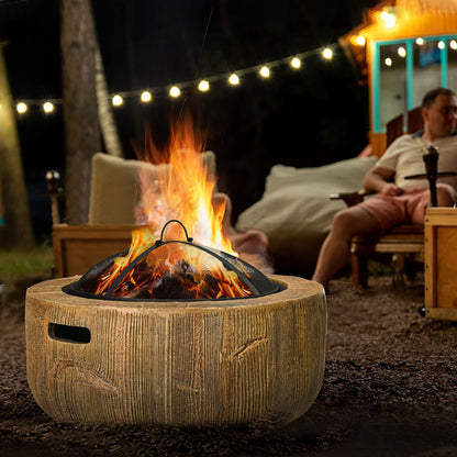 Outdoor Fire Pit, 24 Inch Metal Wood Burning Fireplace with Spark Cover, Poker, Woodgrain Design for Patio, Picnic, Backyard, Light Brown