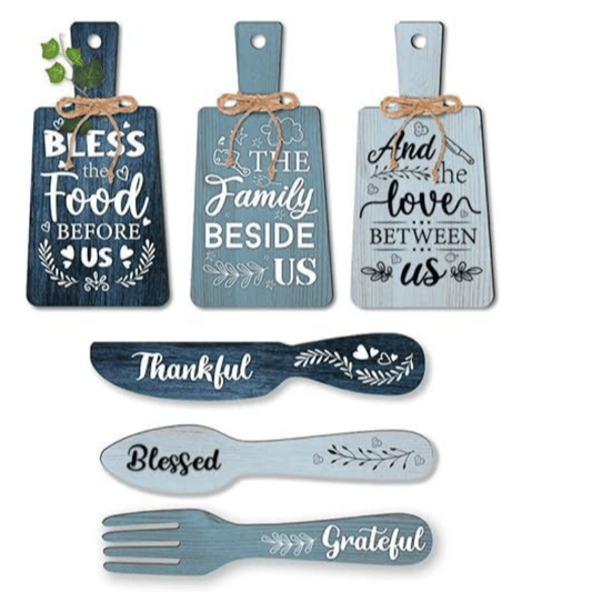 6pcs Kitchen Wall Decor Bless Food Sign Set Wall Table Accessories Wooden Pendant Decorations Mini Plaque Fork Spoon Shape Sign Rustic Style Home Dector Blue, 11x5.5 inch/11.8x2 inch