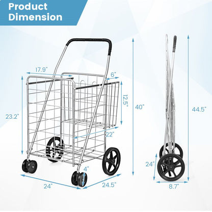 Folding Shopping Cart with Swiveling Wheels and Dual Storage Baskets