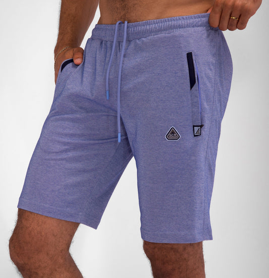 Steel blue drawstring shorts with side pockets and small logo patch