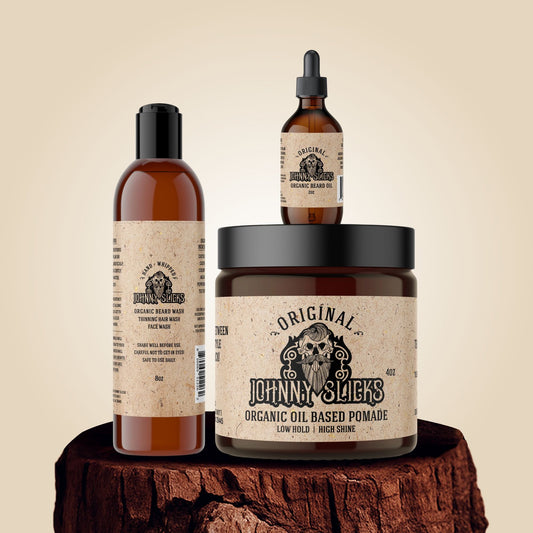 Thinning hair kit: amber dropper bottle, pomade jar, and second bottle